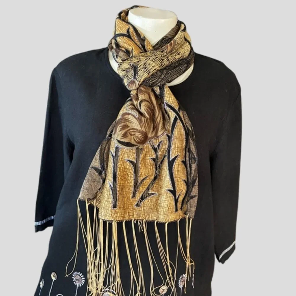 Black & Golden Brown Floral Pattern With Silver Glitter Scarf With Fringe - Picture 1 of 11